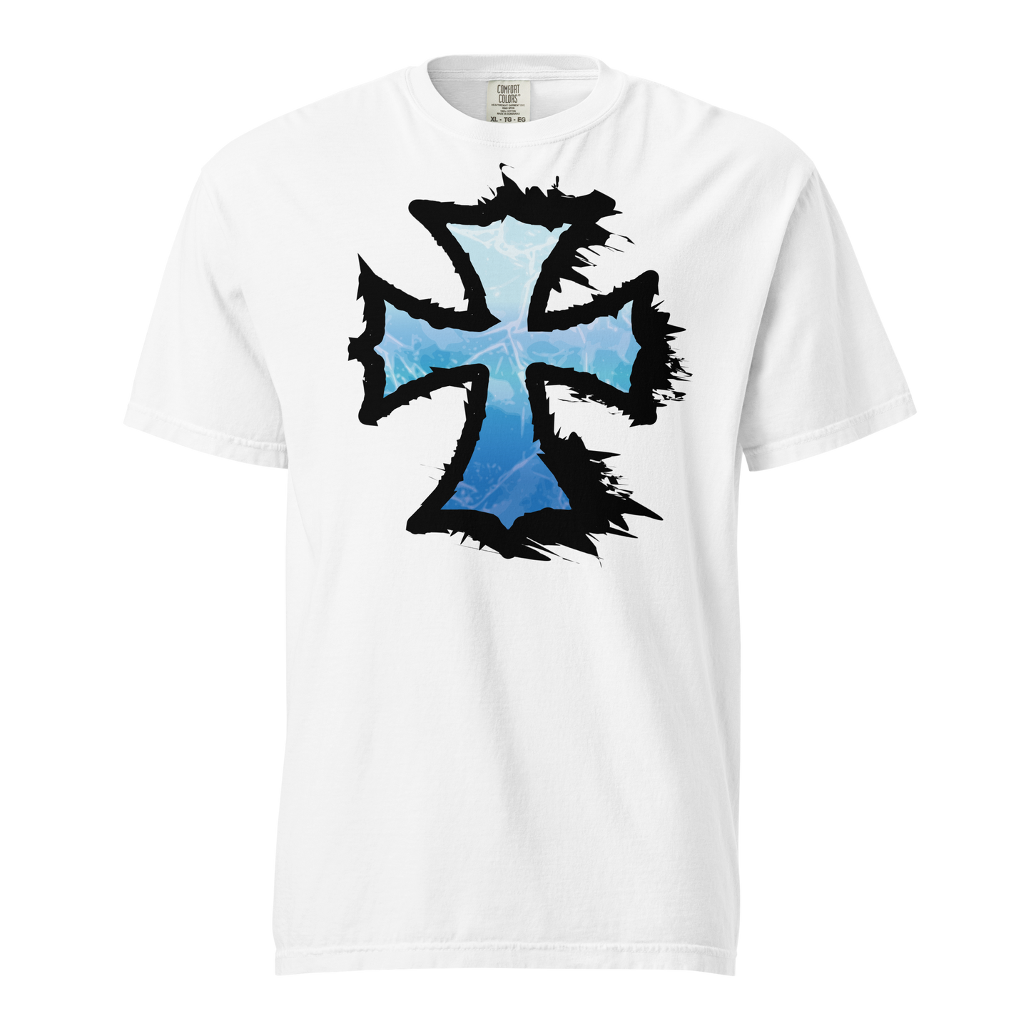White unisex tee featuring a jagged black iron cross with a blue icy fantasy interior, rendered in a dark, torn graphic style; apparel graphic.