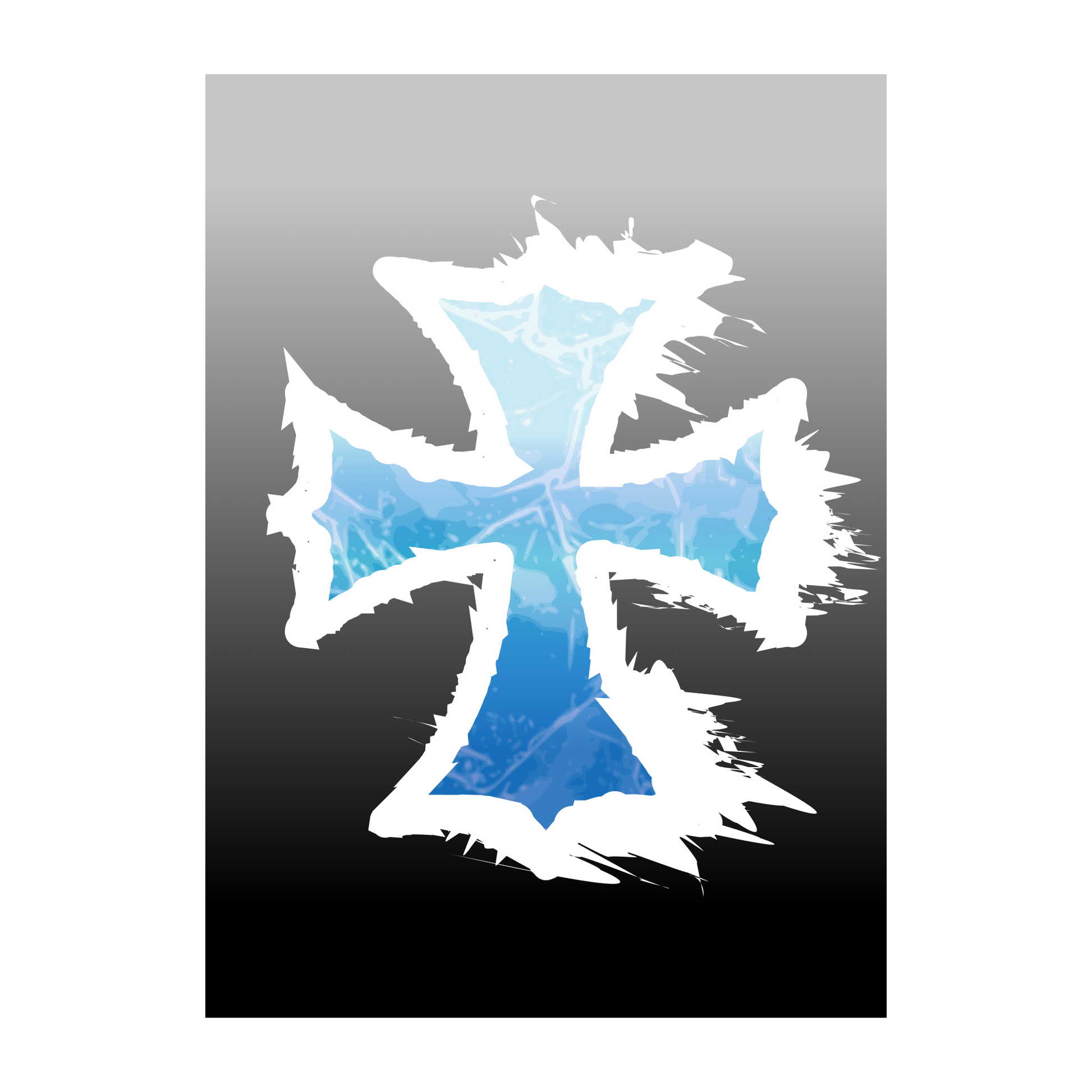 Jagged white cross with icy blue gradient fill on a gray-to-black gradient background, dark fantasy wall art.