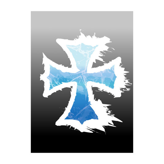 Jagged white cross with icy blue gradient fill on a gray-to-black gradient background, dark fantasy wall art.