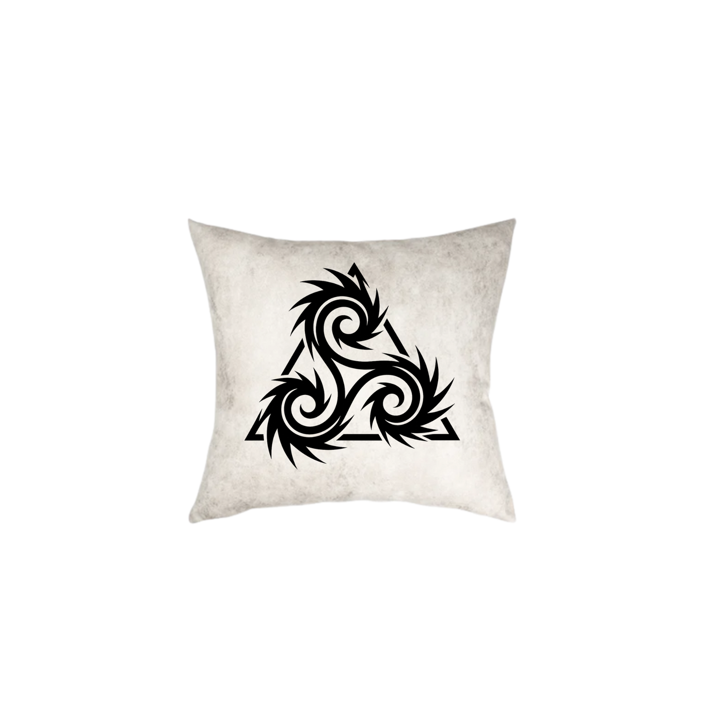 Black triskelion with spiked, swirling spirals inside a bold triangle on a white marbled faux-leather pillow.