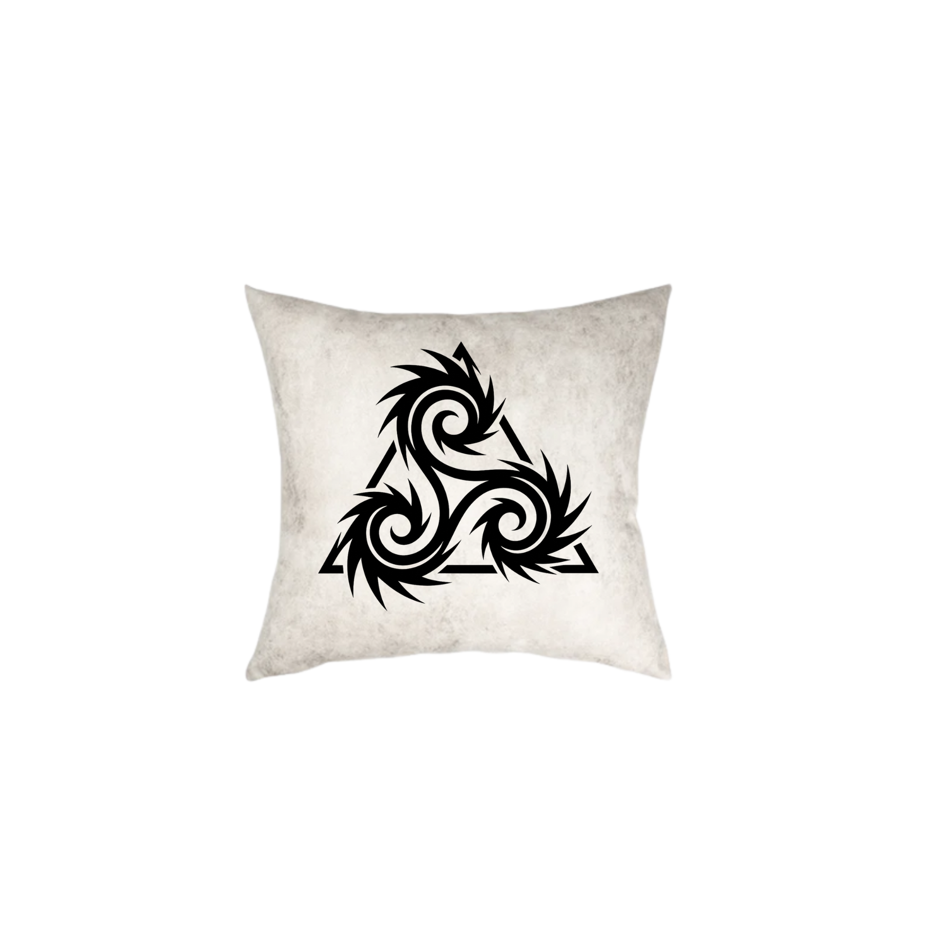Black triskelion with spiked, swirling spirals inside a bold triangle on a white marbled faux-leather pillow.