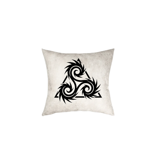 Black triskelion with spiked, swirling spirals inside a bold triangle on a white marbled faux-leather pillow.
