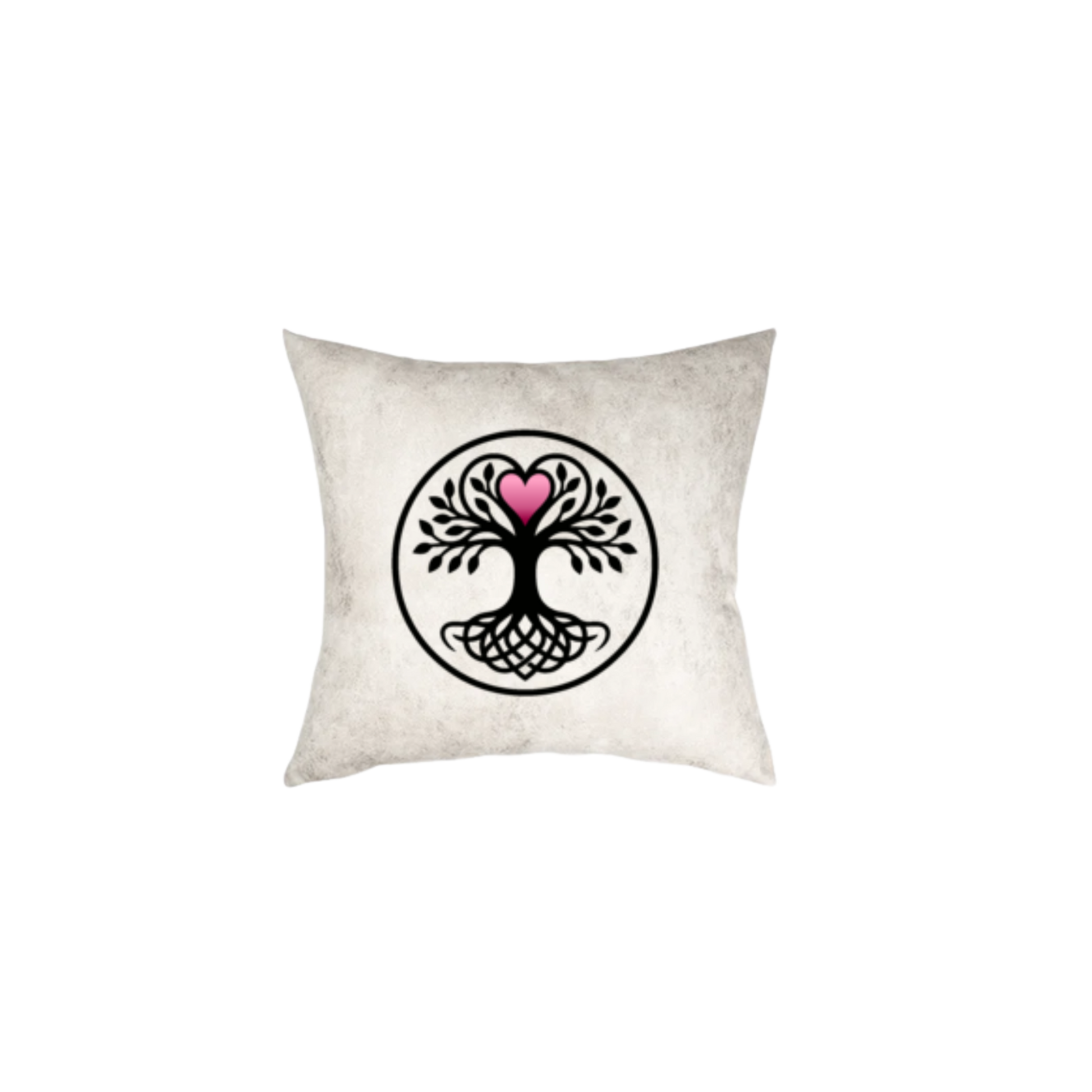 Tree of Life with intertwined roots and a pink heart at its crown, printed in black on a white textured throw pillow.