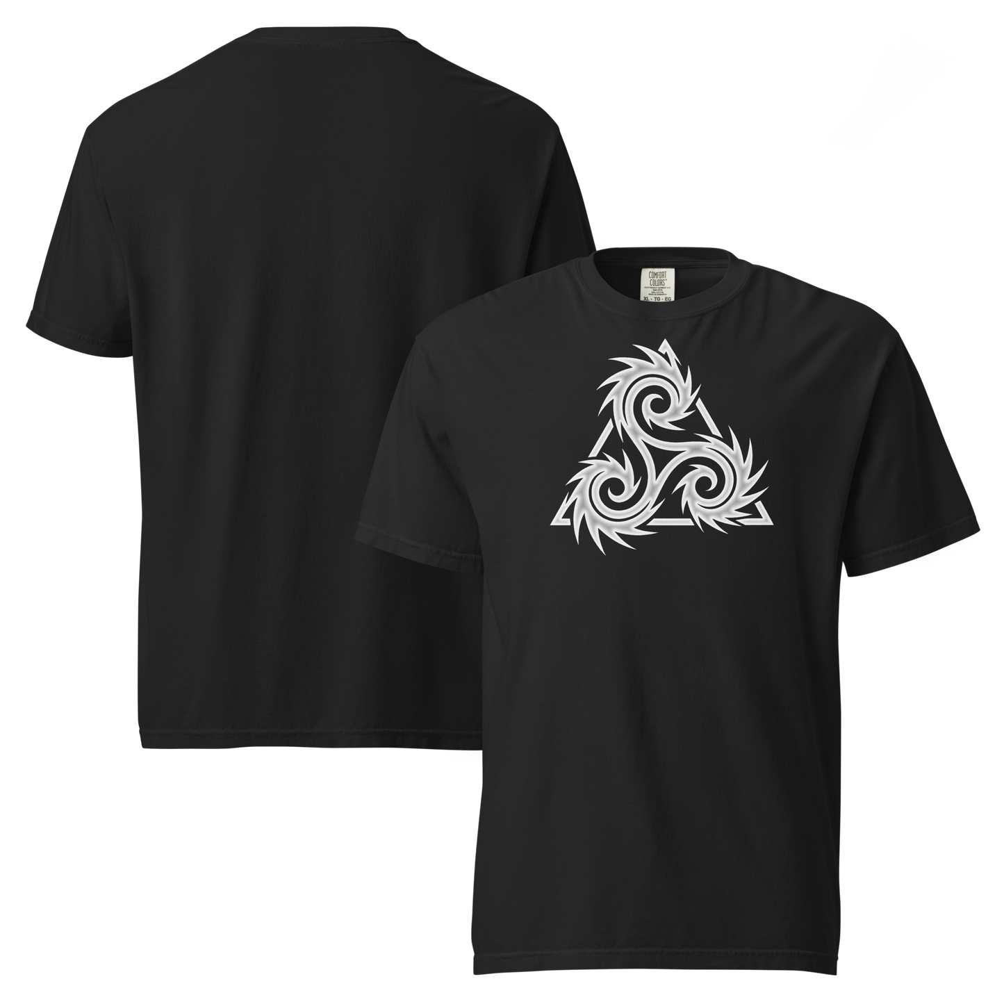 Black unisex t-shirt front and back view featuring a white tribal triskelion symbol with jagged, spiked edges on the center chest, apparel.