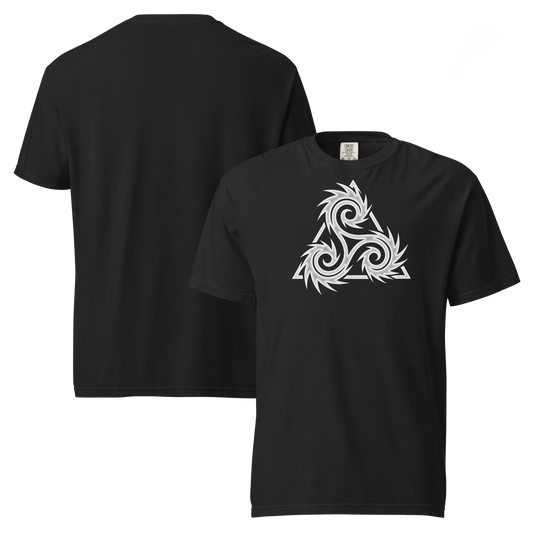 Black unisex t-shirt front and back view featuring a white tribal triskelion symbol with jagged, spiked edges on the center chest, apparel.