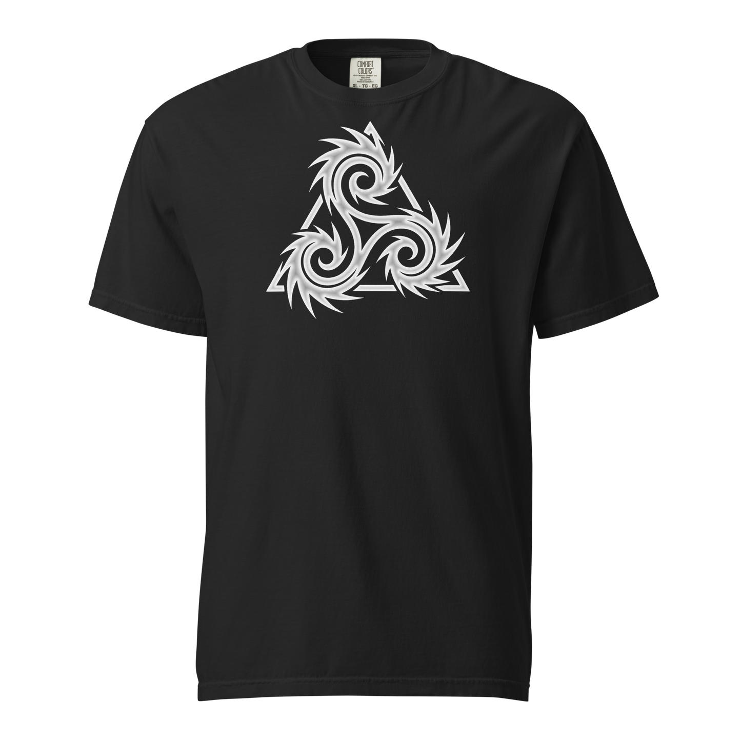 Black unisex t-shirt featuring a white tribal triskelion within a spiked triangle, blending Norse and dark fantasy styles, centered chest graphic apparel.