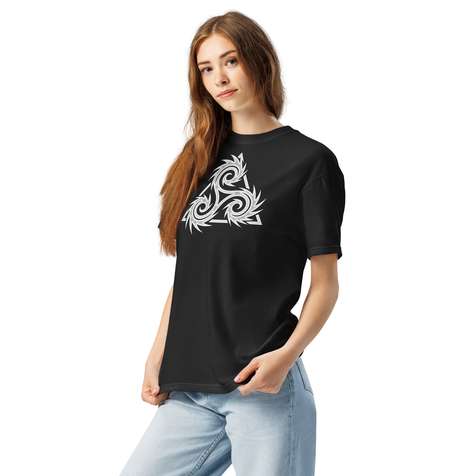 Black unisex t-shirt worn by a female model, featuring a silver-white Norse triskelion with jagged tribal spines arranged in a triangular composition on the chest.