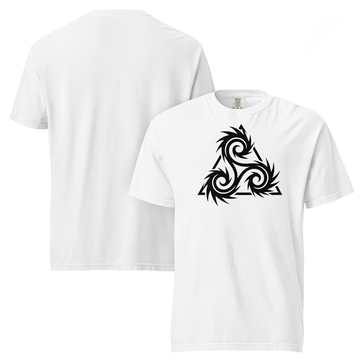 White unisex t-shirt featuring a bold black tribal triskelion framed within a jagged triangle, printed on the front chest; plain back shown. Apparel.