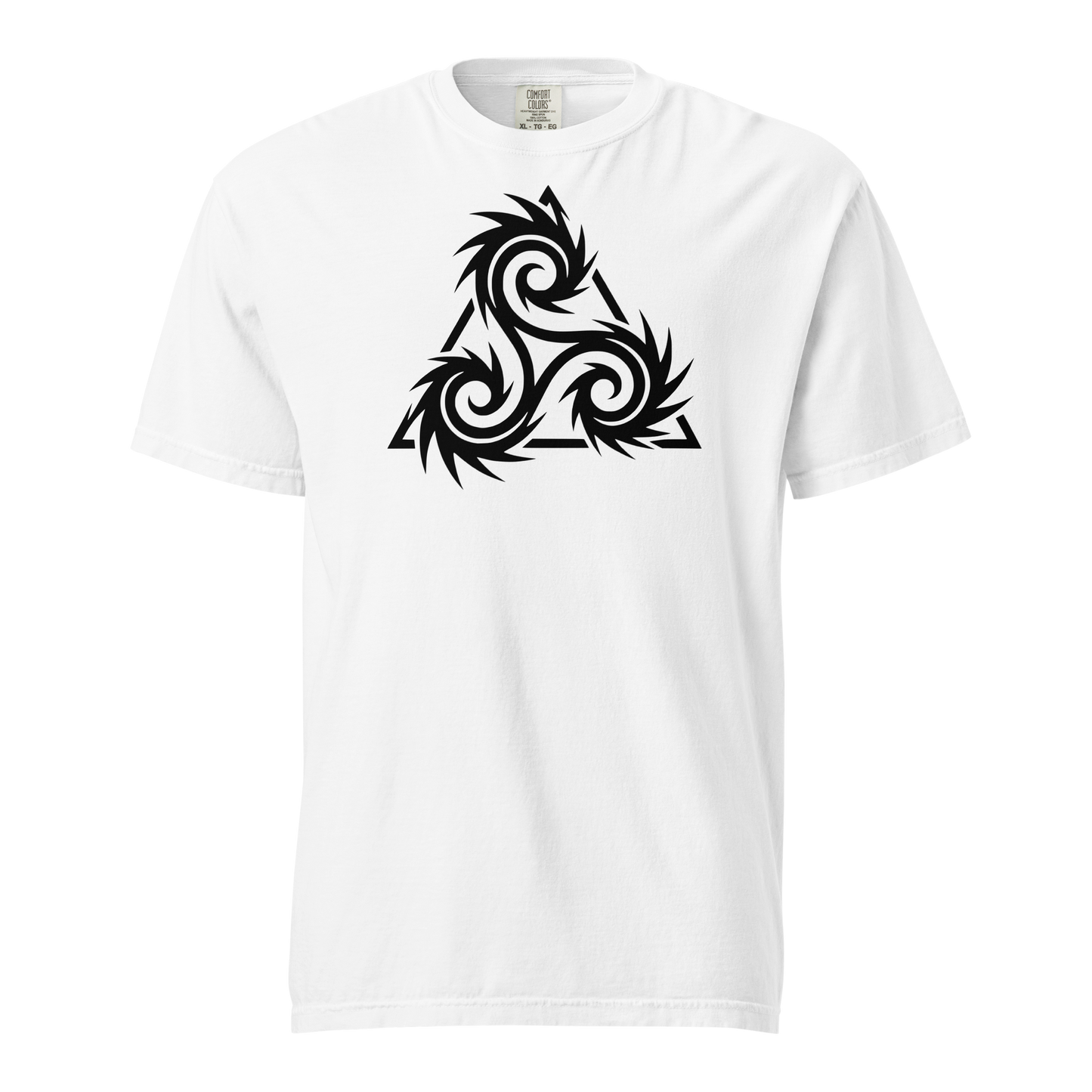 Black tribal triskelion with sharp, spiked spirals inside a bold triangle on a white Comfort Colors unisex apparel graphic tee.