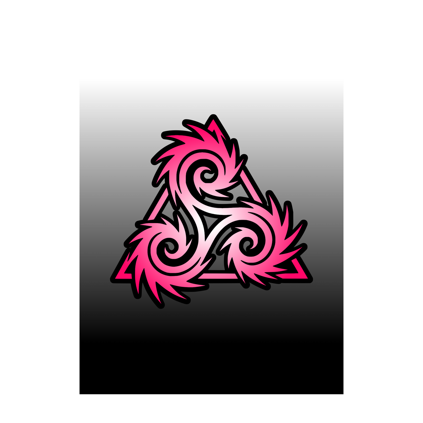 Pink and black Triskelion inside a bold triangle, on a white-to-black gradient background. Wall art graphic.