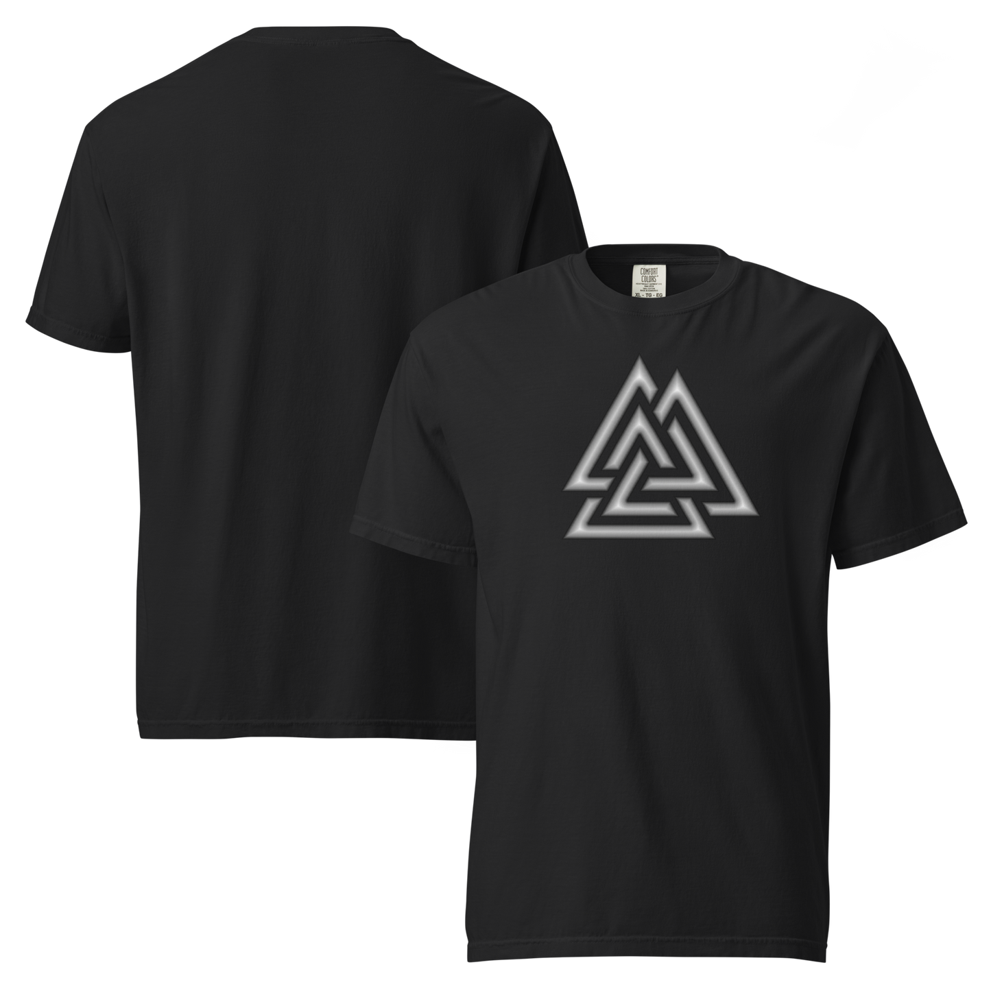 Black unisex t-shirt showing front and back views, with a glowing white and grey Valknut symbol on the center chest. Apparel.