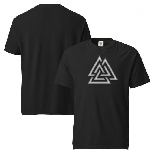 Black unisex t-shirt showing front and back views, with a glowing white and grey Valknut symbol on the center chest. Apparel.