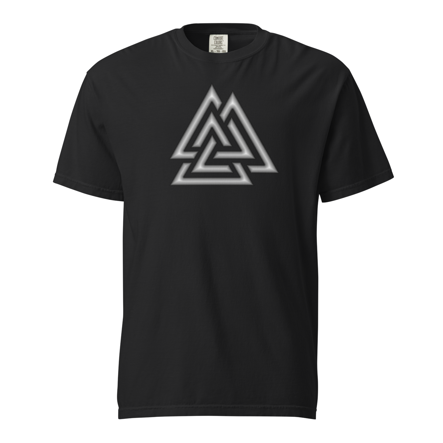 Black unisex t-shirt featuring a silver and white gradient Valknut symbol — three interlocked triangles — centered on the chest; Norse apparel.