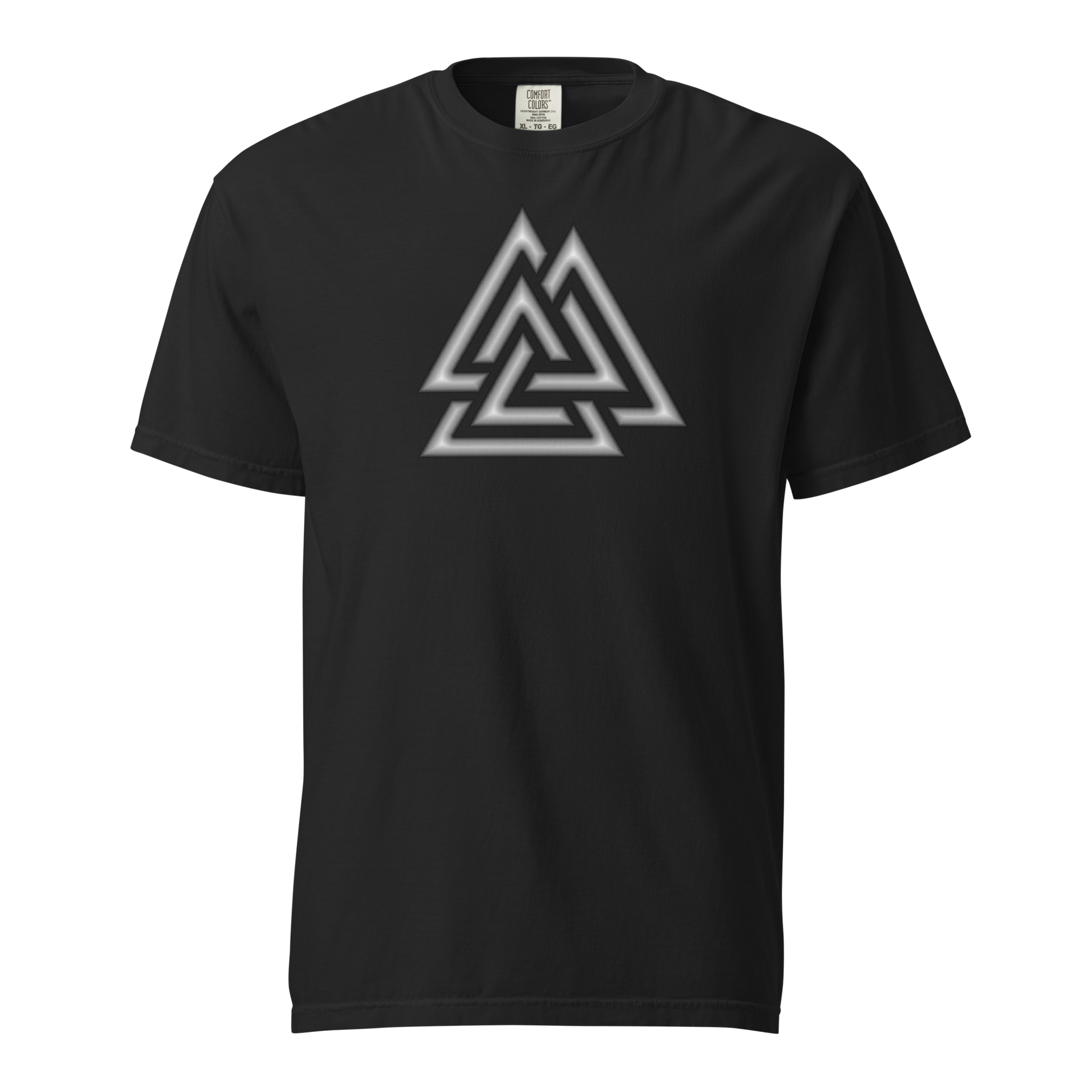Black unisex t-shirt featuring a silver and white gradient Valknut symbol — three interlocked triangles — centered on the chest; Norse apparel.