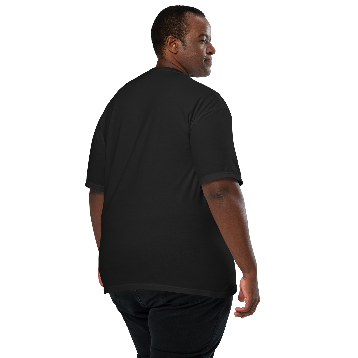 Back view of a male model wearing a plain black short-sleeve t-shirt, shown against a transparent background., apparel.