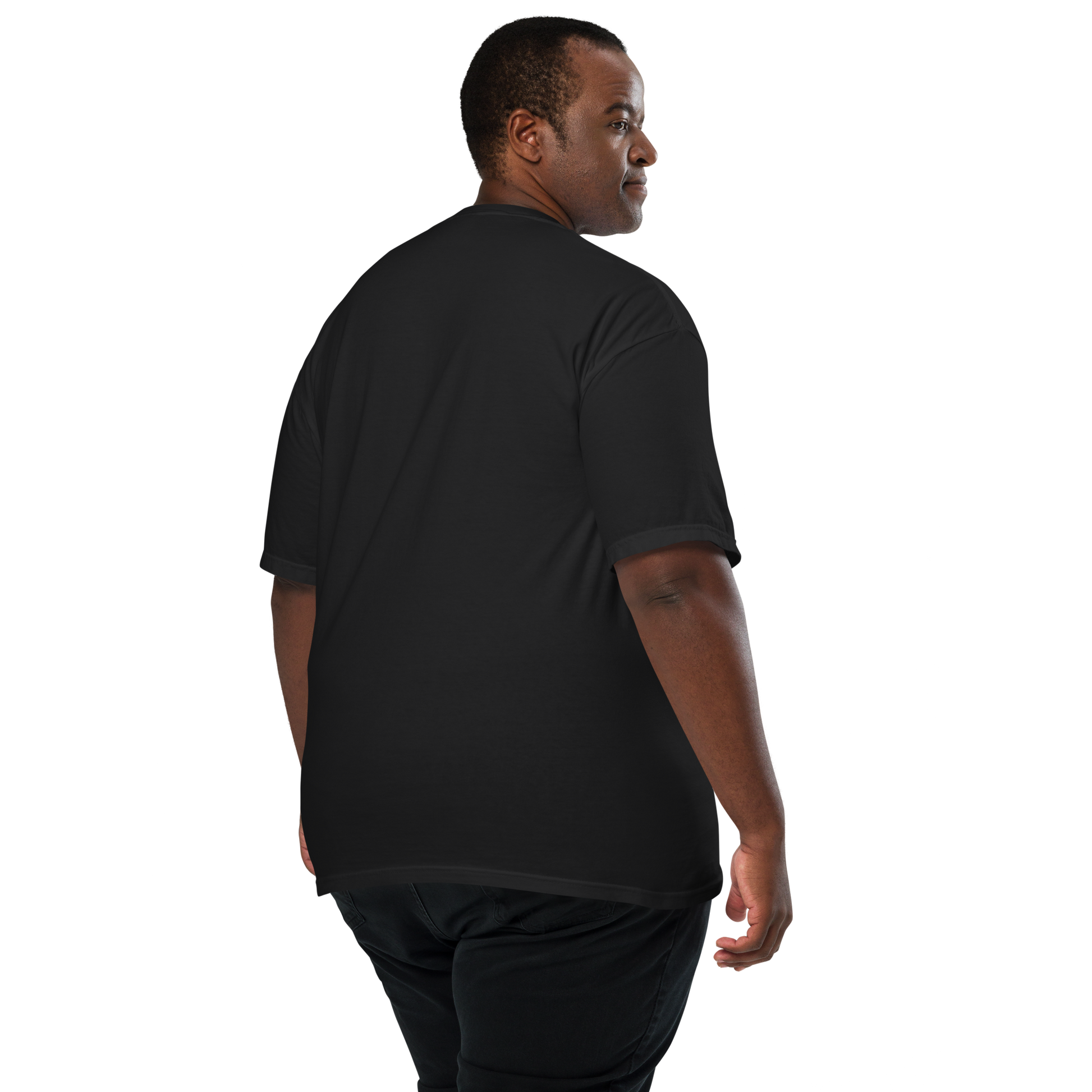 Back view of a male model wearing a plain black short-sleeve t-shirt, shown against a transparent background., apparel.