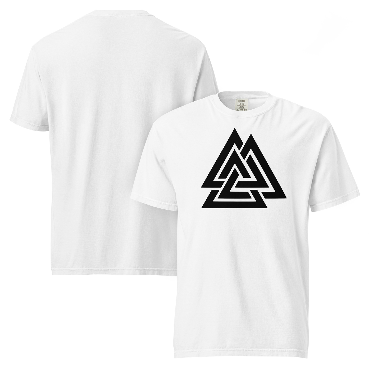 White unisex t-shirt featuring a bold black Valknut symbol — three interlocking triangles — centered on the chest, shown front and back. Apparel.