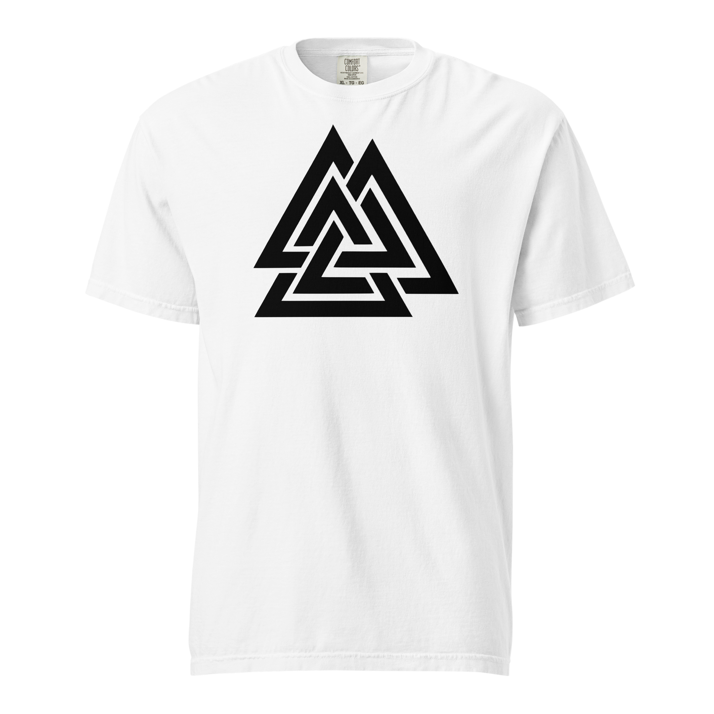 White unisex t-shirt featuring a bold black Valknut symbol — three interlocking triangles — centered on the chest. Norse apparel.