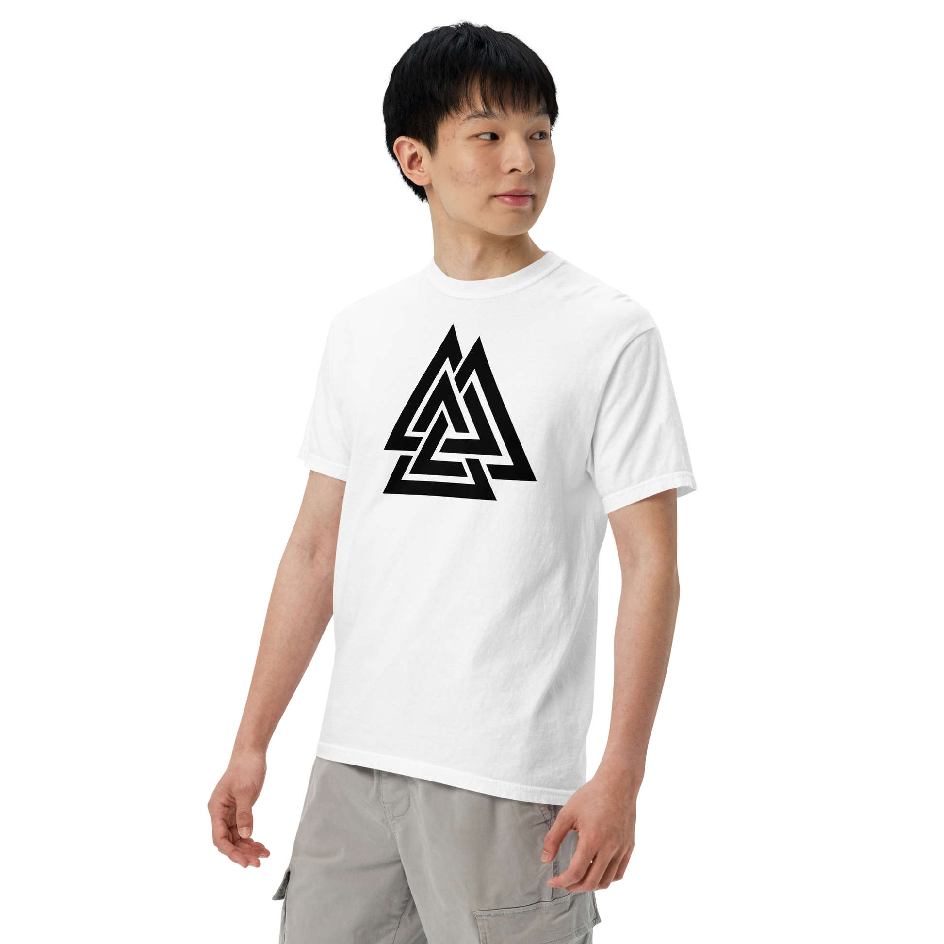 White unisex t-shirt featuring a bold black Valknut symbol — three interlocked triangles — centered on the chest, modeled by a young man against a transparent background. Apparel.