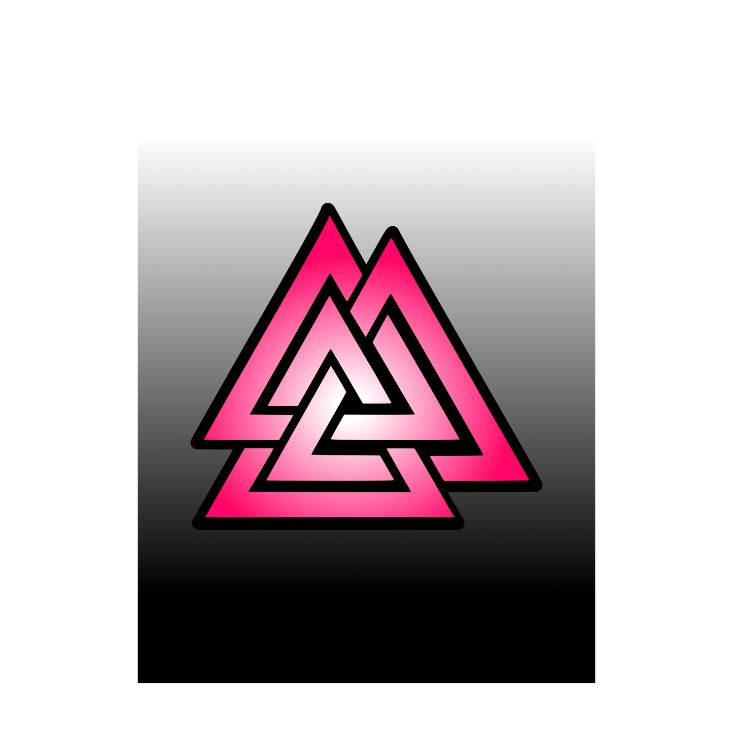 Pink and magenta gradient Valknut symbol with bold black outlines on a white-to-black gradient background, wall art graphic.