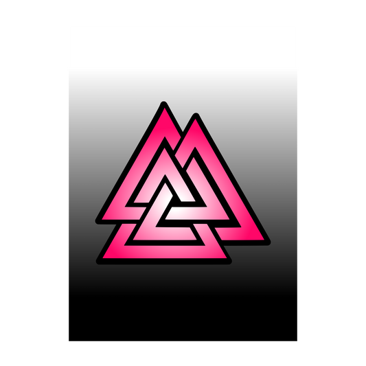 Pink and magenta gradient Valknut symbol with bold black outlines on a white-to-black gradient background, wall art graphic.