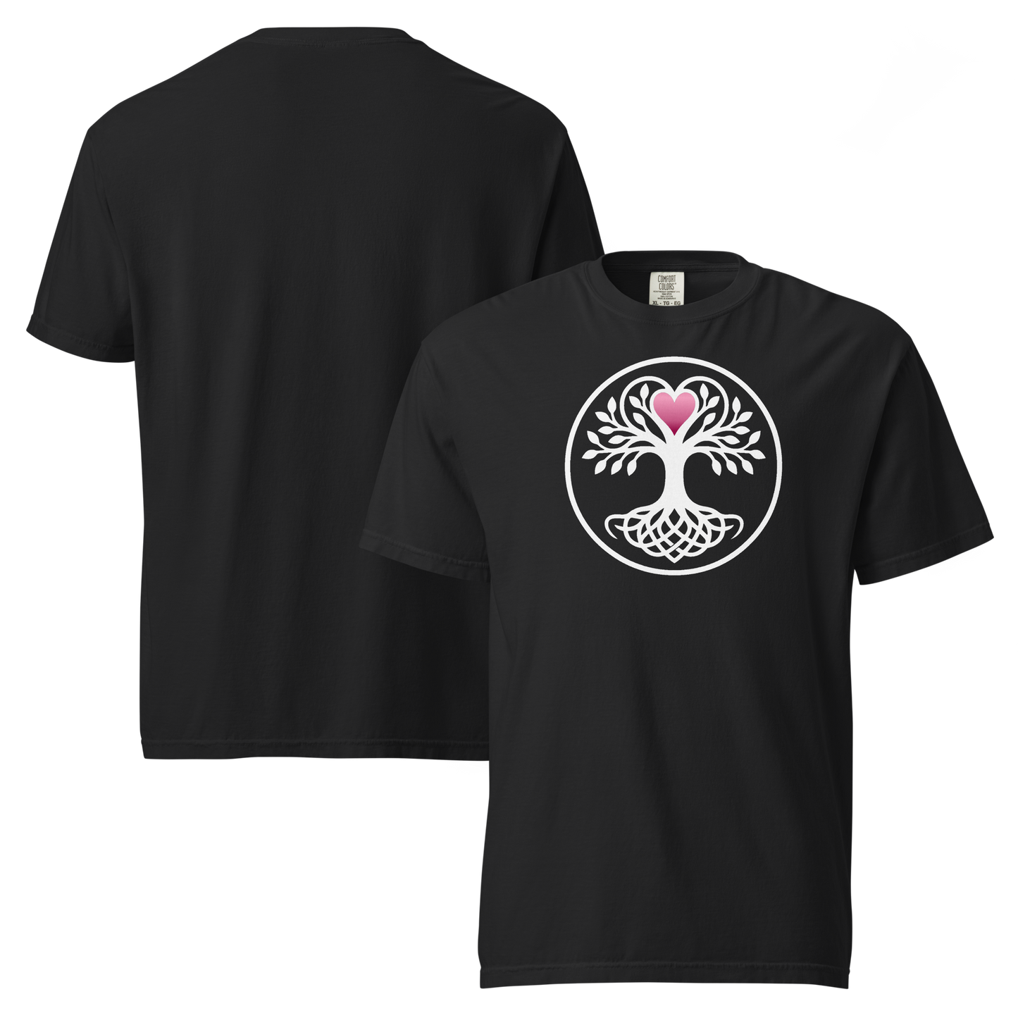 Black unisex tee featuring a white circular Celtic Tree of Life with interwoven knot-work roots and a pink heart at its crown, shown front and back.