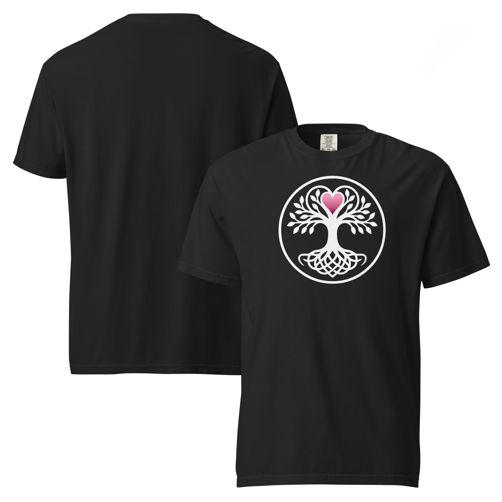 Black unisex tee featuring a white circular Celtic Tree of Life with interwoven knot-work roots and a pink heart at its crown, shown front and back.