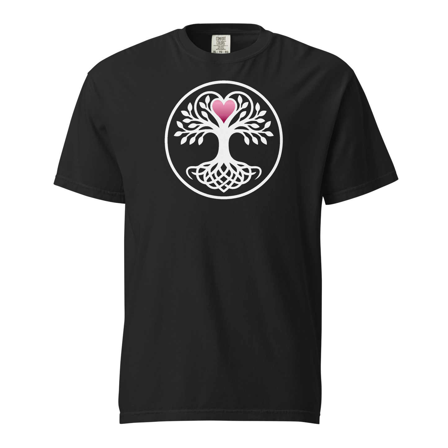 Black t-shirt featuring a white Celtic Tree of Life with knot-work roots and a pink heart at its crown, enclosed in a circular border, apparel graphic.