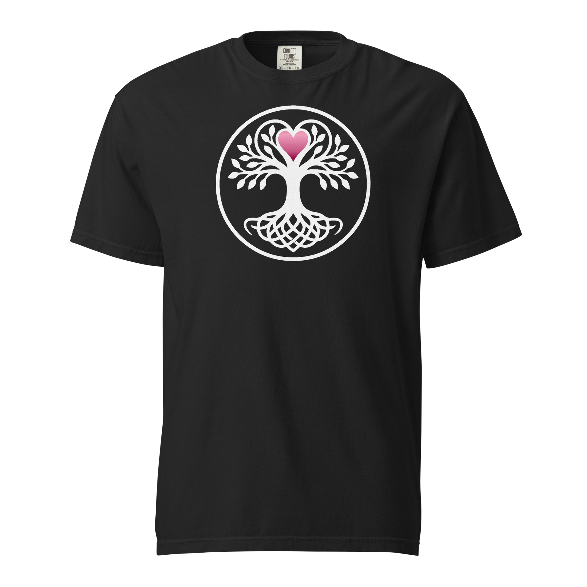 Black t-shirt featuring a white Celtic Tree of Life with knot-work roots and a pink heart at its crown, enclosed in a circular border, apparel graphic.
