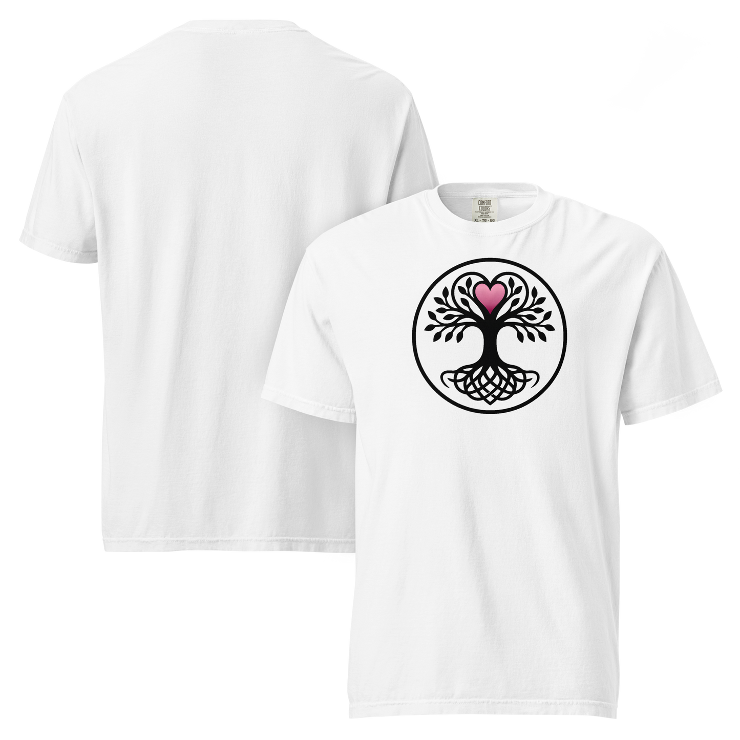 White unisex t-shirt front and back view featuring a circular black Yggdrasil tree-of-life graphic with Celtic knot-work roots and a pink heart at its crown, apparel.