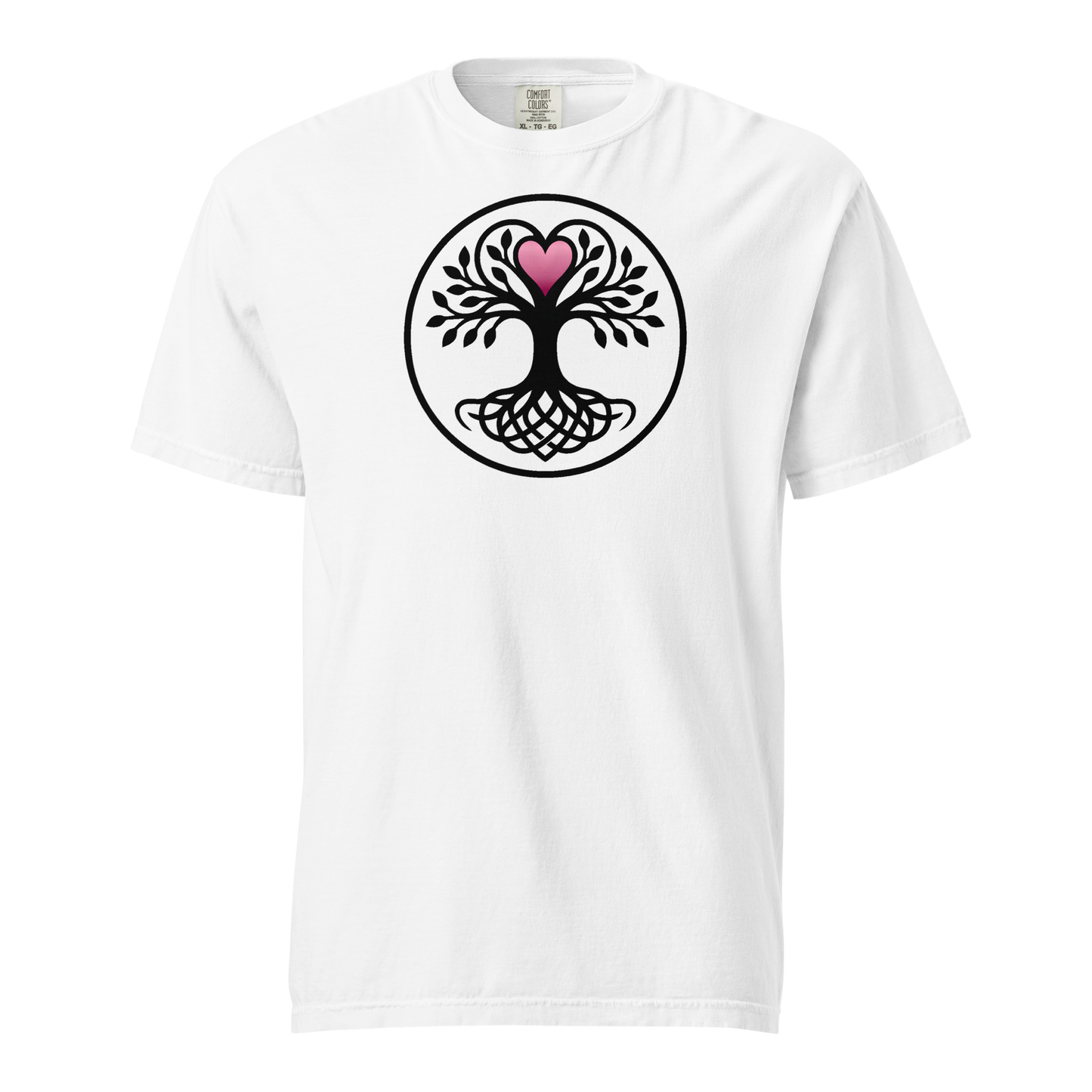White unisex tee featuring a circular black Celtic tree of life with interwoven roots and a pink heart at its crown, apparel graphic.