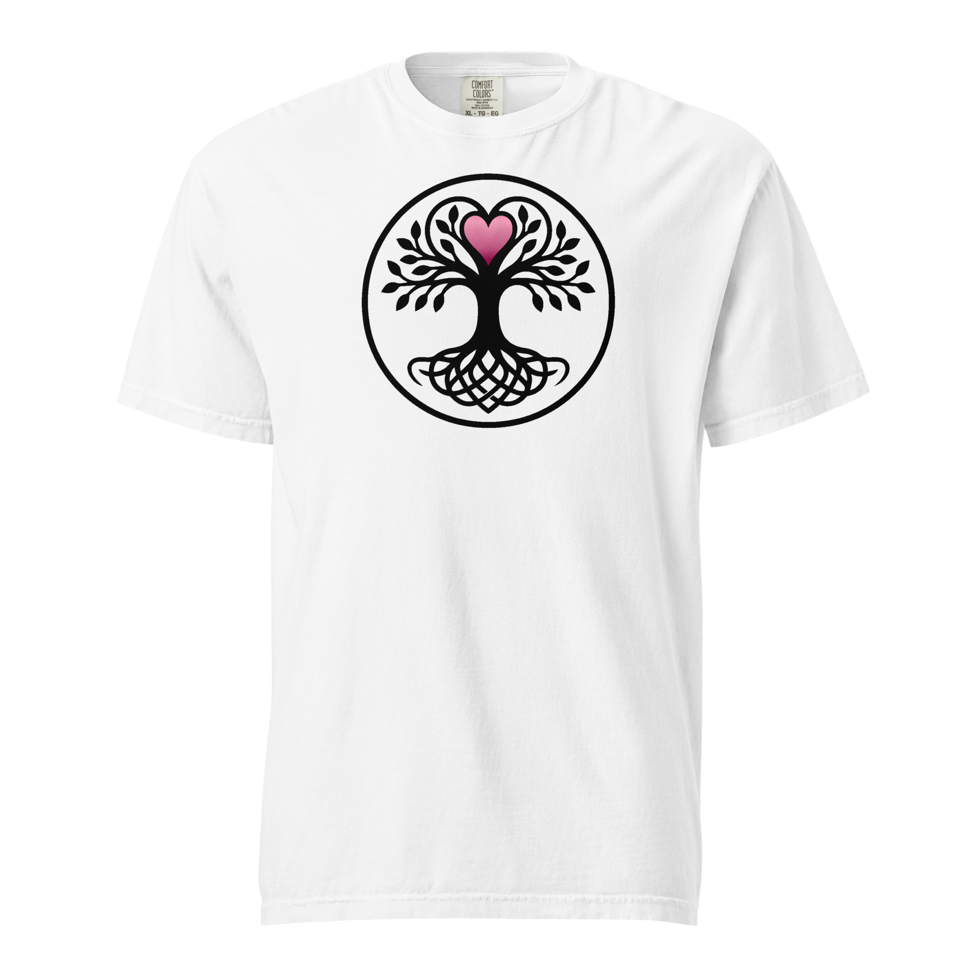 White unisex tee featuring a circular black Celtic tree of life with interwoven roots and a pink heart at its crown, apparel graphic.