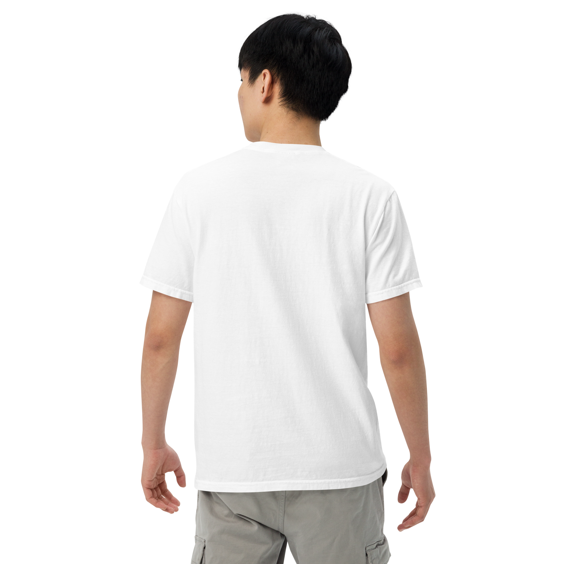 Back view of a man wearing a plain white heavyweight crew neck t-shirt, shown against a transparent background.