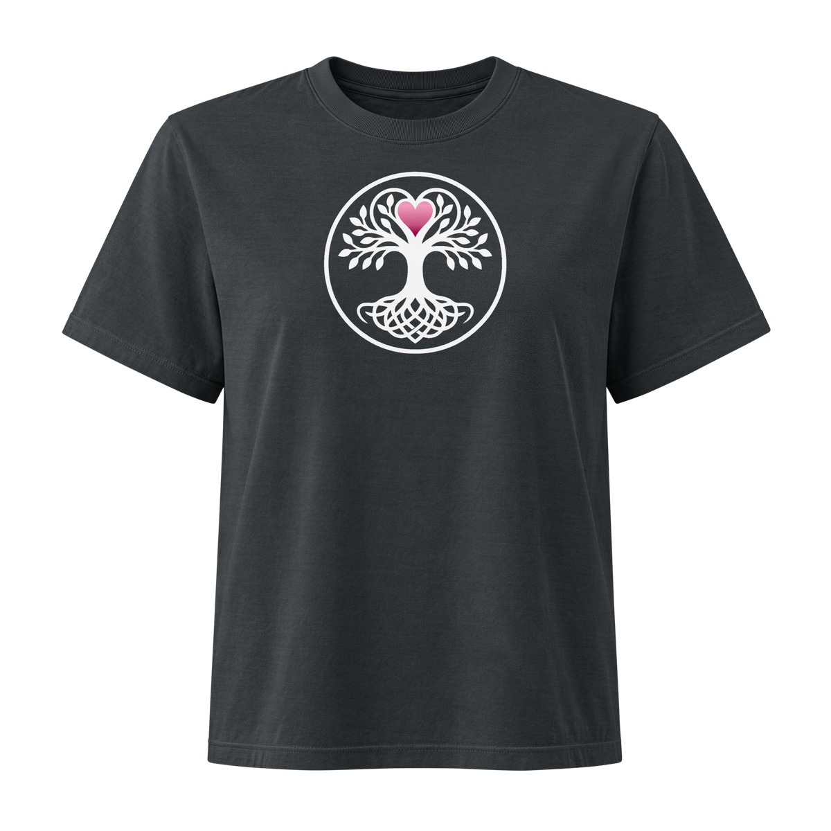 Dark charcoal woman's cut t-shirt featuring a circular Norse-style Yggdrasil tree of life graphic in white with interwoven roots and a pink heart at its crown, apparel.