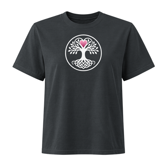 Dark charcoal woman's cut t-shirt featuring a circular Norse-style Yggdrasil tree of life graphic in white with interwoven roots and a pink heart at its crown, apparel.