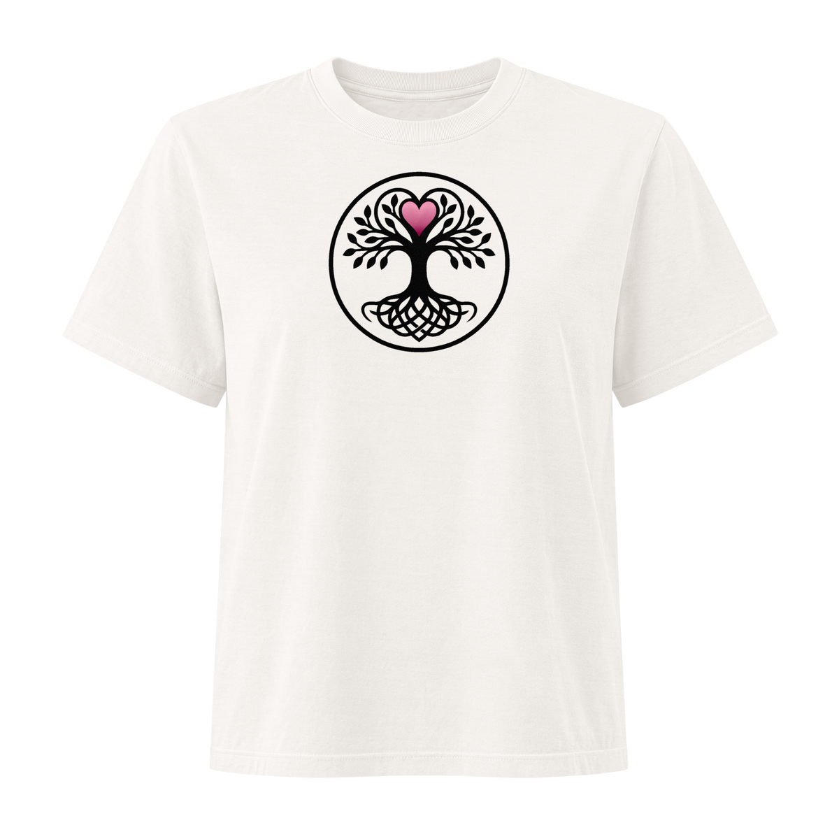 White, woman's cut t-shirt featuring a circular black tree of life graphic with knotwork roots and a pink heart at the canopy center, apparel.